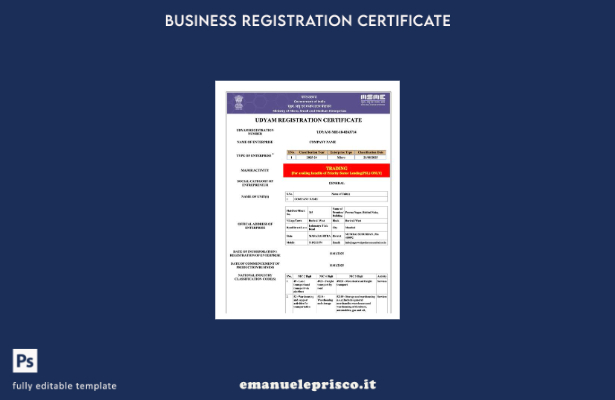 stile verificato Certificato di registrazione India Udyam Modello Word e PDF,  1